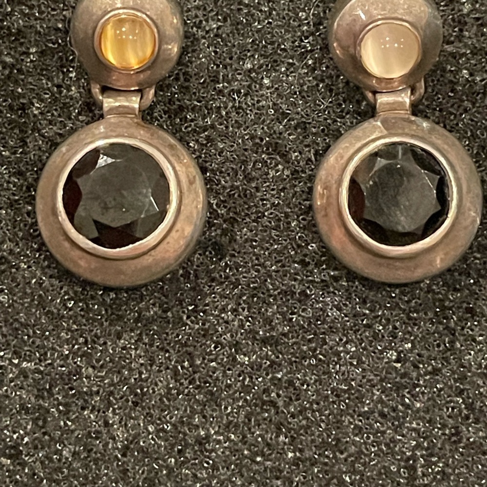 Black agate and quartz sterling silver earrings